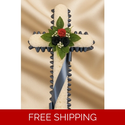 Navy & Red Rose Cross Tribute – Artificial Funeral Arrangement